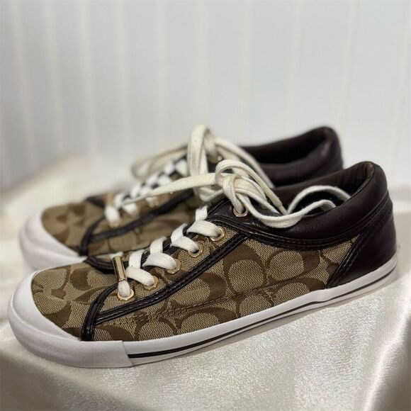 Coach Francesca Women’s Sneakers Monogram Canvas Brown Leather Trim Size 6.5B - Picture 1 of 8